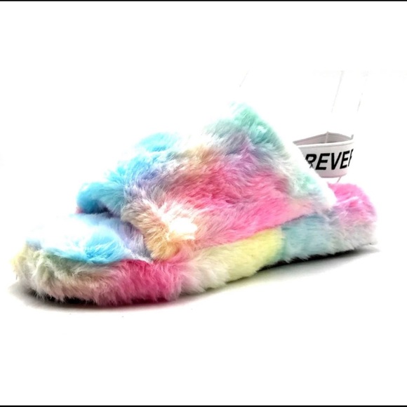 FOREVER FLUFFY SLIPPERS SOFT FAUX FUR SLIDE SANDAL OPEN TOE WITH ELASTIC STRAP - Picture 2 of 4